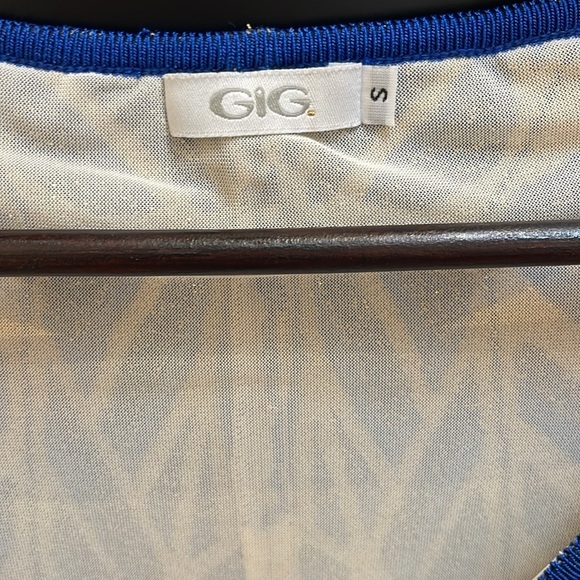 GIG Body-con style blue gold tan patterned flare dress Small - fits like XS - Picture 6 of 8